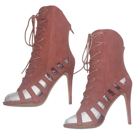 Shoedazzle Dusty Blush Pink Ayla Stiletto Lace-Up Peep-Toe Ankle Bootie Heels 10 - Picture 1 of 10